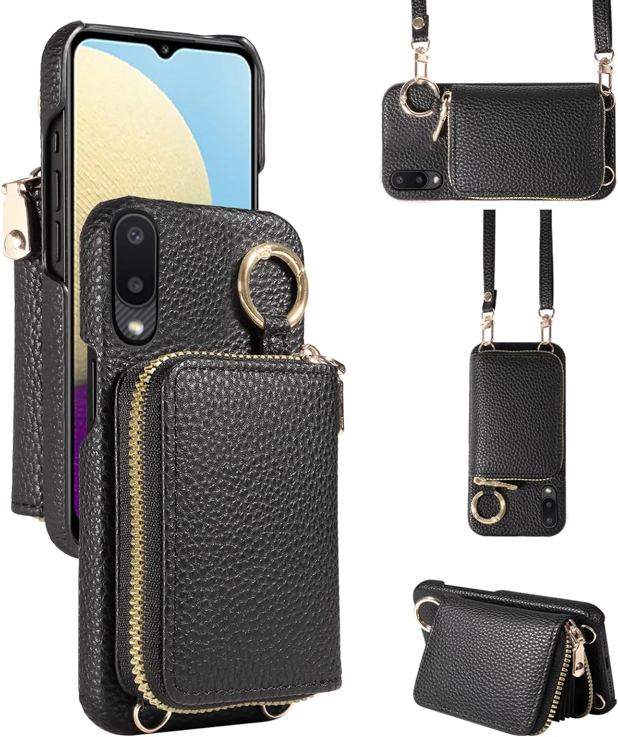 Wallet Case for Samsung Galaxy A02 with Shoulder Strap Ring Buckle, Luxury PU Leather Zipper Flip Organ Purse, Credit Card Holder Stand Cell Phone Cover for A 02 5G 02A Ao2 M02 Women Men Black