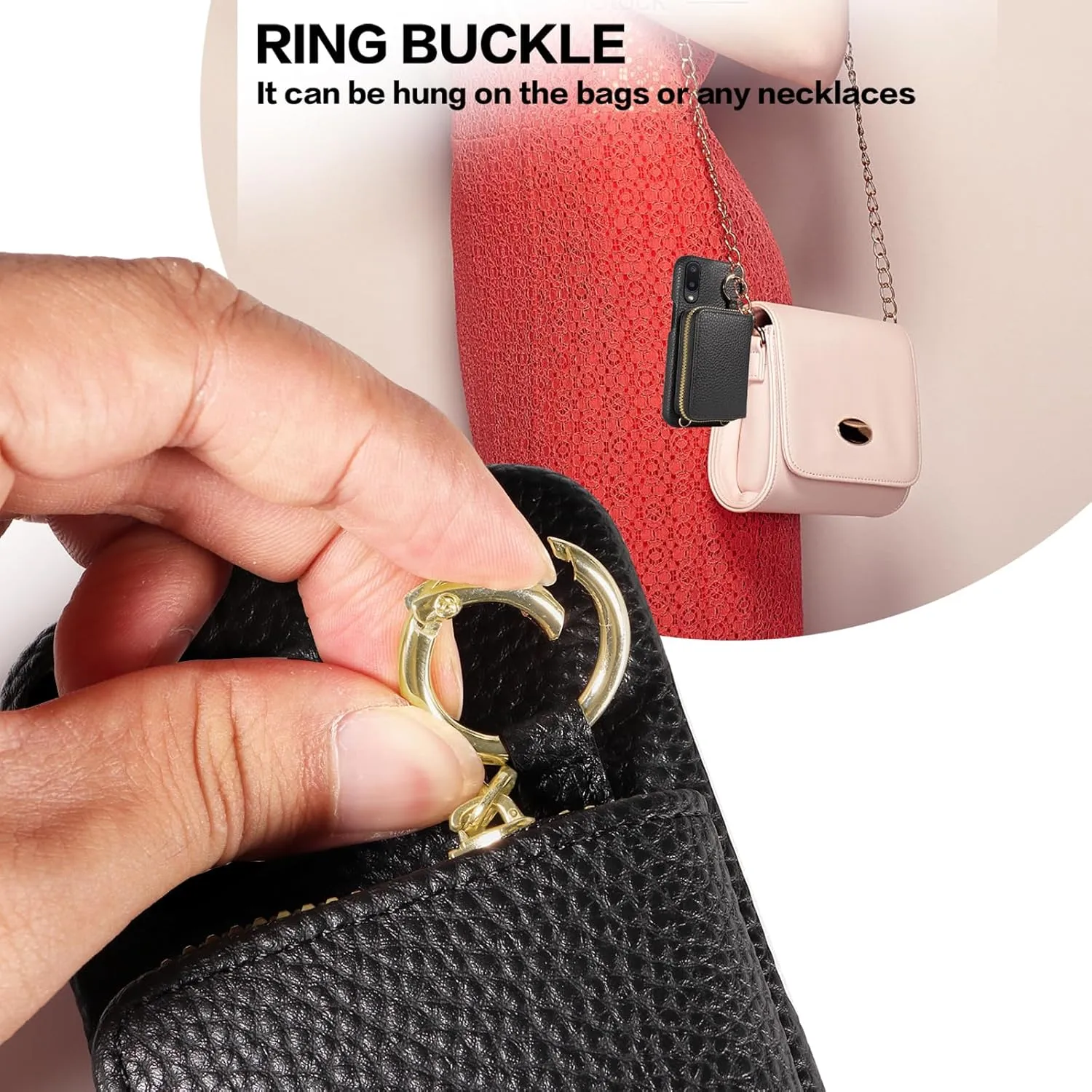 Wallet Case for Samsung Galaxy A02 with Shoulder Strap Ring Buckle, Luxury PU Leather Zipper Flip Organ Purse, Credit Card Holder Stand Cell Phone Cover for A 02 5G 02A Ao2 M02 Women Men Black