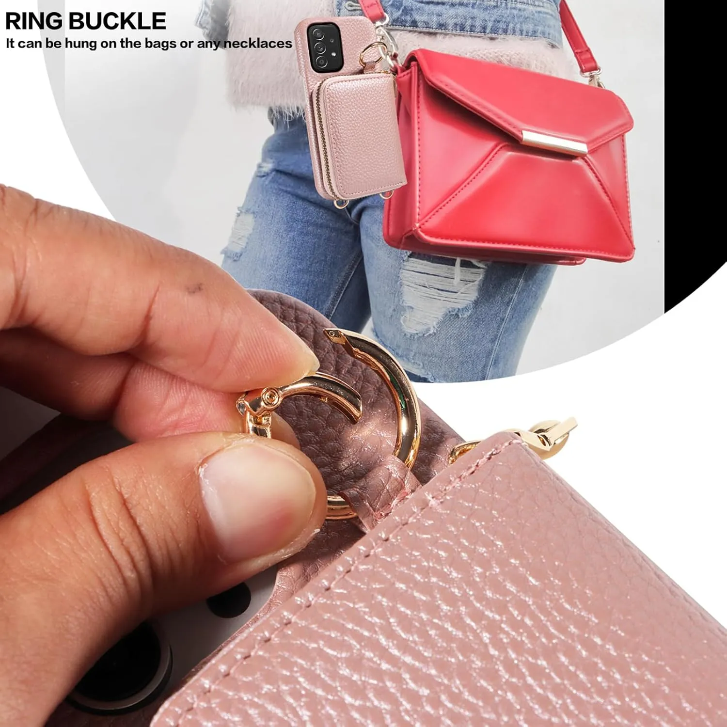 Wallet Case for Samsung Galaxy A52/A52S 5G & Shoulder Strap Ring Buckle PU Leather Zipper Organ Purse, Credit Card Holder Stand Cell Phone Cover for A 52 S 4G G5 52A S52 52S Women Men Rose Gold