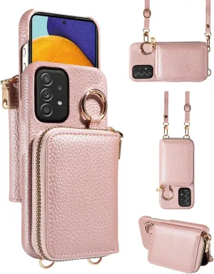 Wallet Case for Samsung Galaxy A52/A52S 5G & Shoulder Strap Ring Buckle PU Leather Zipper Organ Purse, Credit Card Holder Stand Cell Phone Cover for A 52 S 4G G5 52A S52 52S Women Men Rose Gold