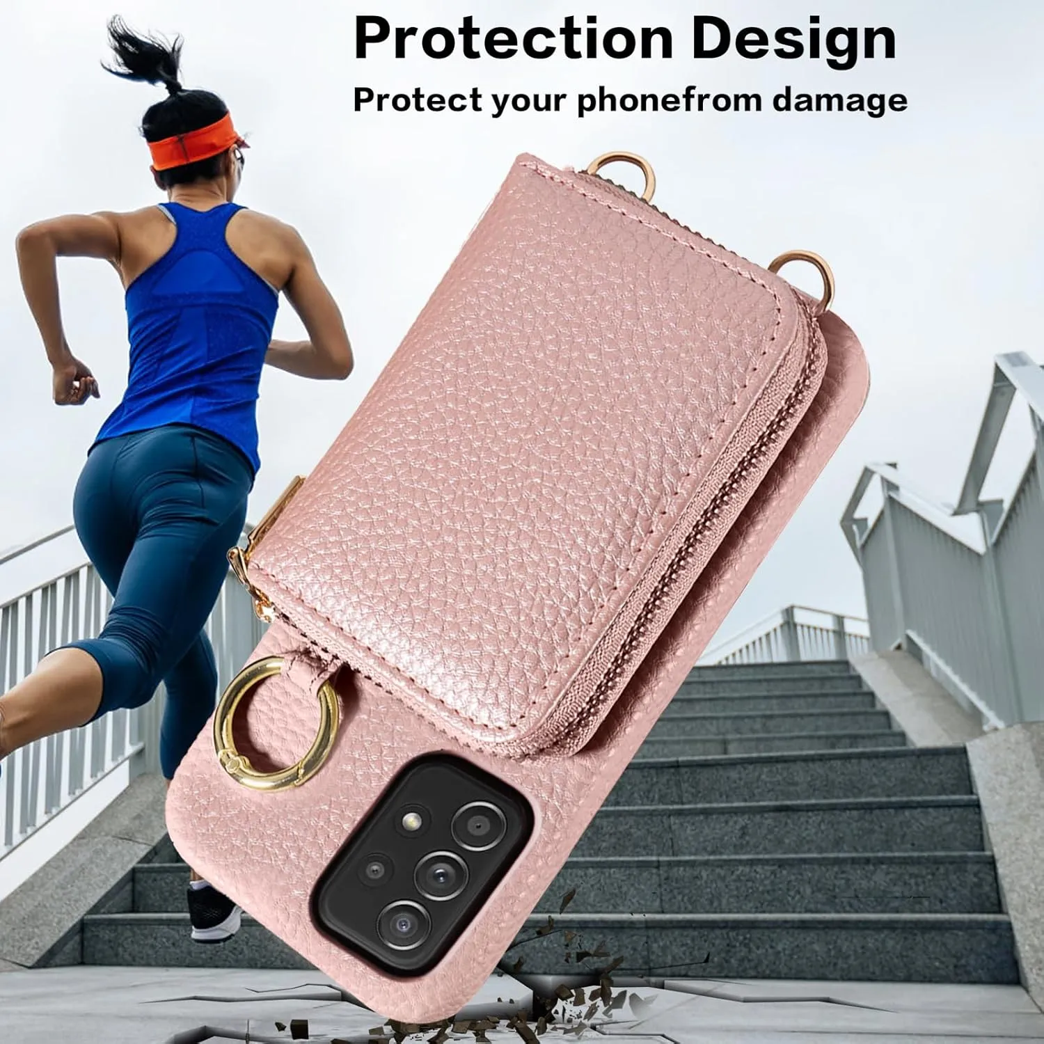 Wallet Case for Samsung Galaxy A52/A52S 5G & Shoulder Strap Ring Buckle PU Leather Zipper Organ Purse, Credit Card Holder Stand Cell Phone Cover for A 52 S 4G G5 52A S52 52S Women Men Rose Gold