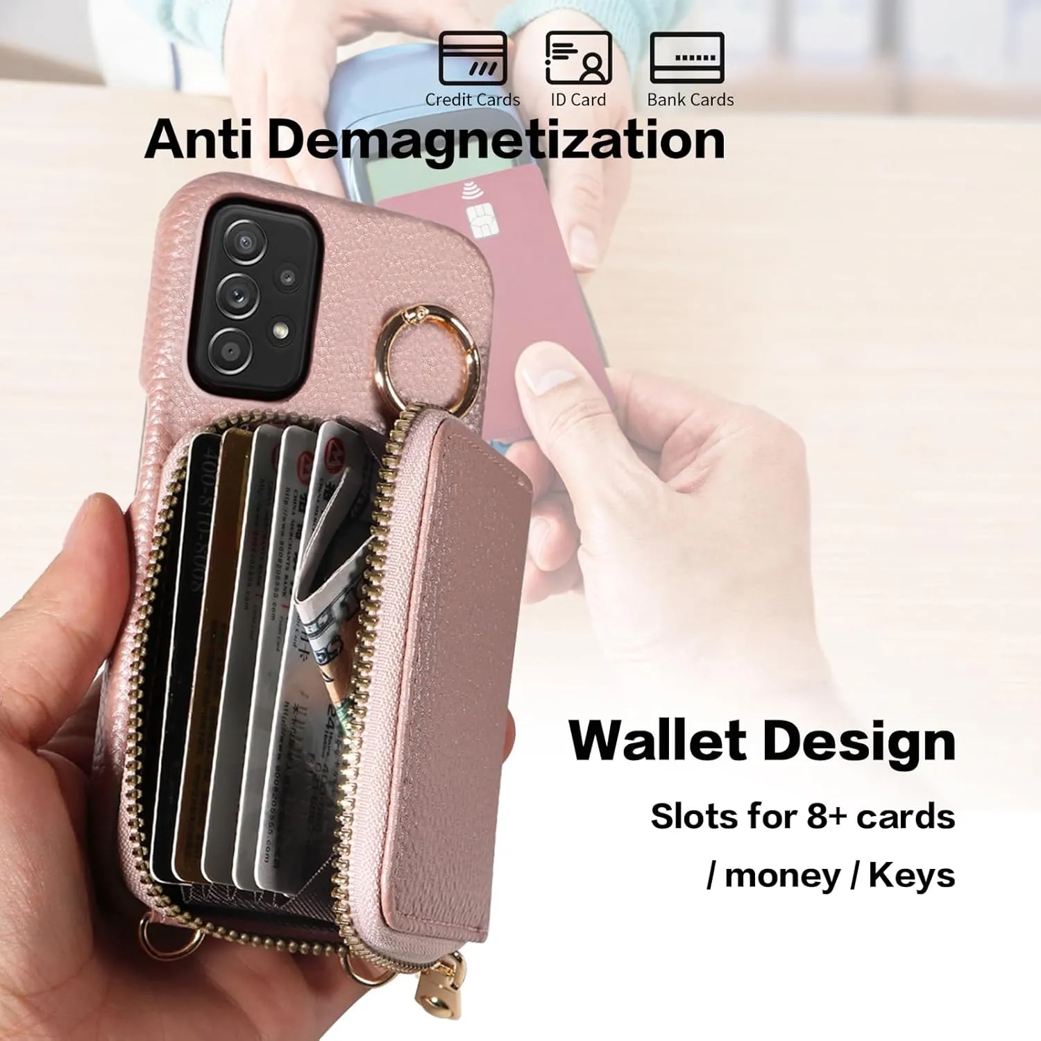 Wallet Case for Samsung Galaxy A52/A52S 5G & Shoulder Strap Ring Buckle PU Leather Zipper Organ Purse, Credit Card Holder Stand Cell Phone Cover for A 52 S 4G G5 52A S52 52S Women Men Rose Gold