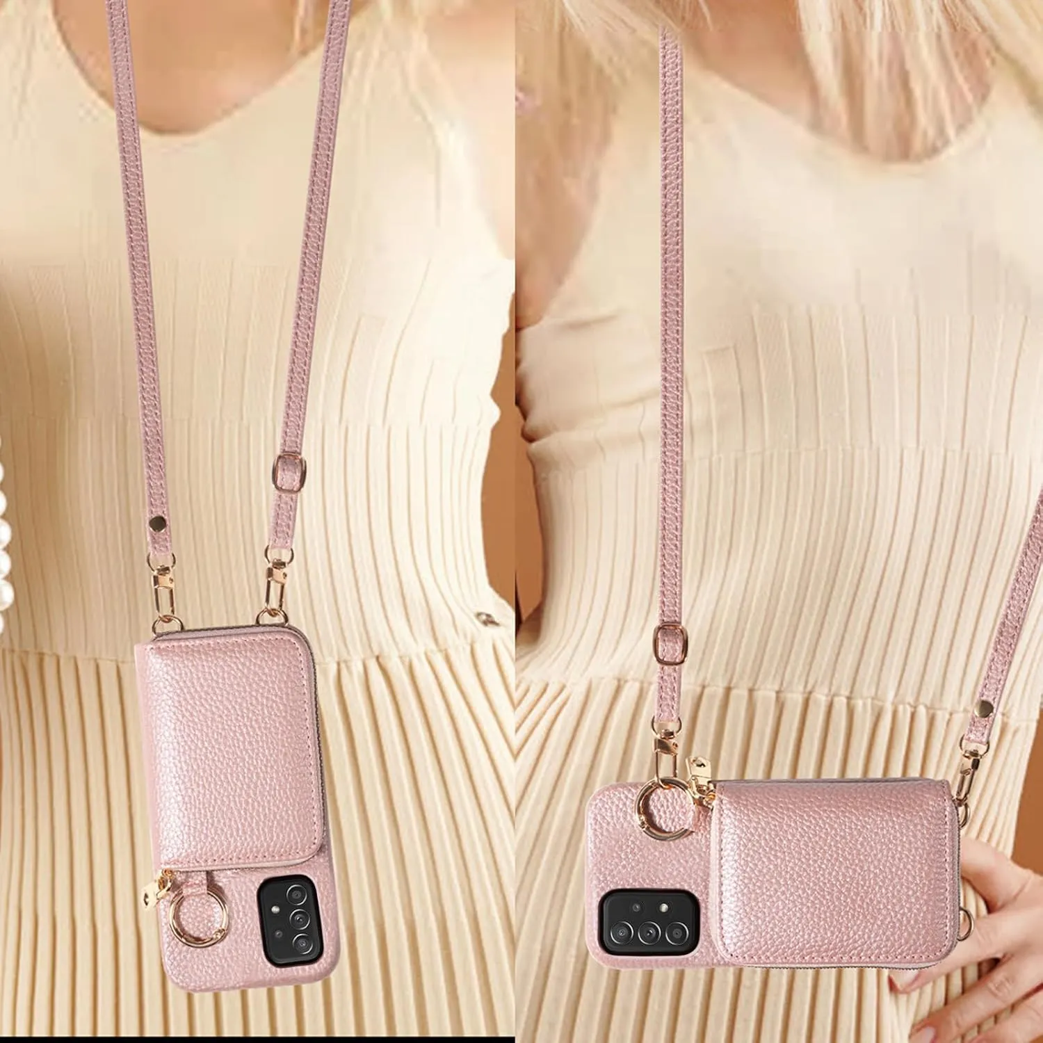 Wallet Case for Samsung Galaxy A52/A52S 5G & Shoulder Strap Ring Buckle PU Leather Zipper Organ Purse, Credit Card Holder Stand Cell Phone Cover for A 52 S 4G G5 52A S52 52S Women Men Rose Gold