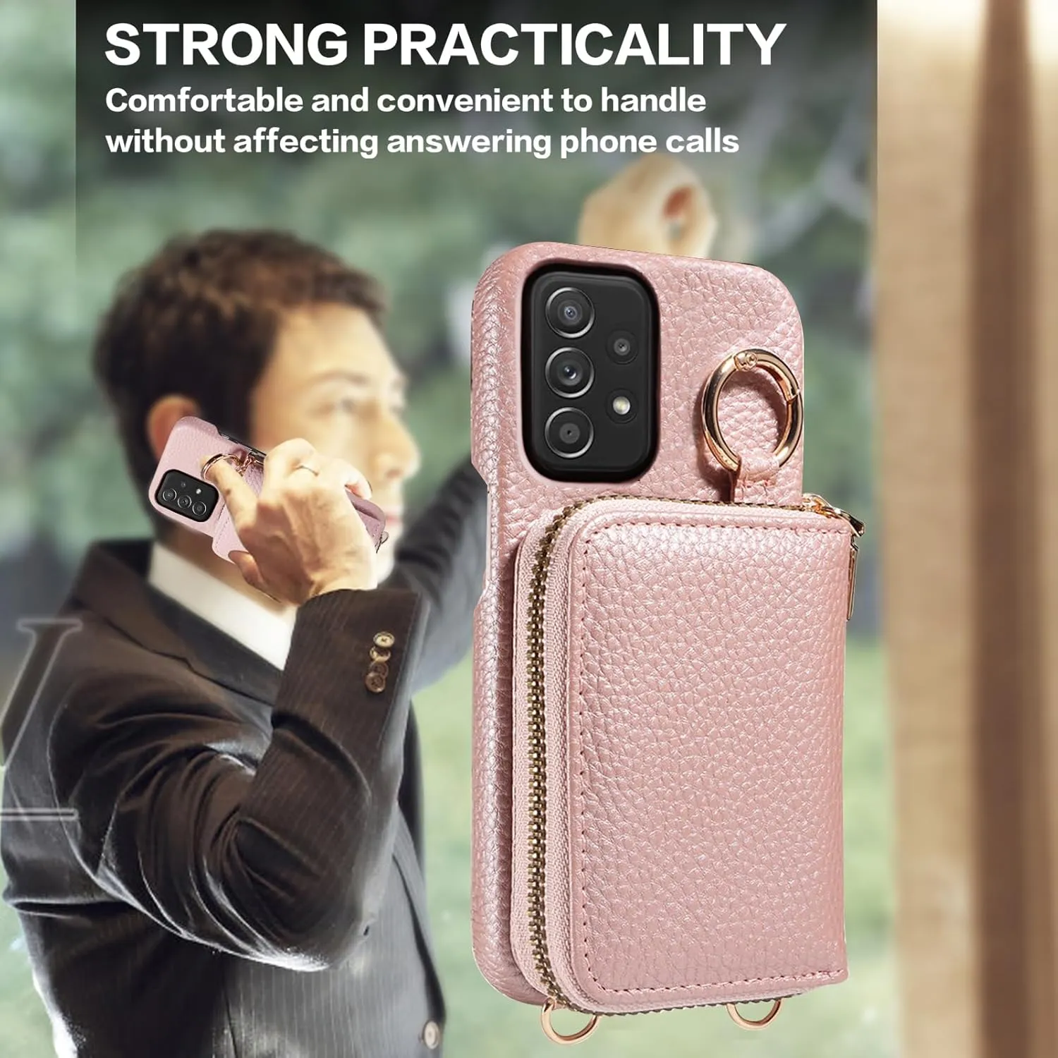 Wallet Case for Samsung Galaxy A52/A52S 5G & Shoulder Strap Ring Buckle PU Leather Zipper Organ Purse, Credit Card Holder Stand Cell Phone Cover for A 52 S 4G G5 52A S52 52S Women Men Rose Gold