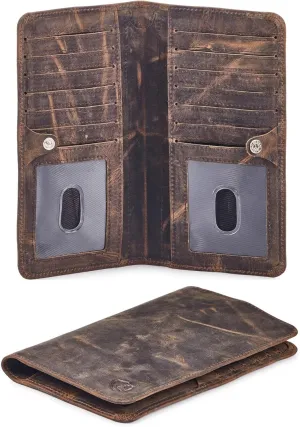 Wallet for Men Women Real Leather Long Bifold RFID Blocking Slim Stylish Credit Card Case Pen Holder with 2 ID Windows in Gift Box (Crazy Horse, Moss)