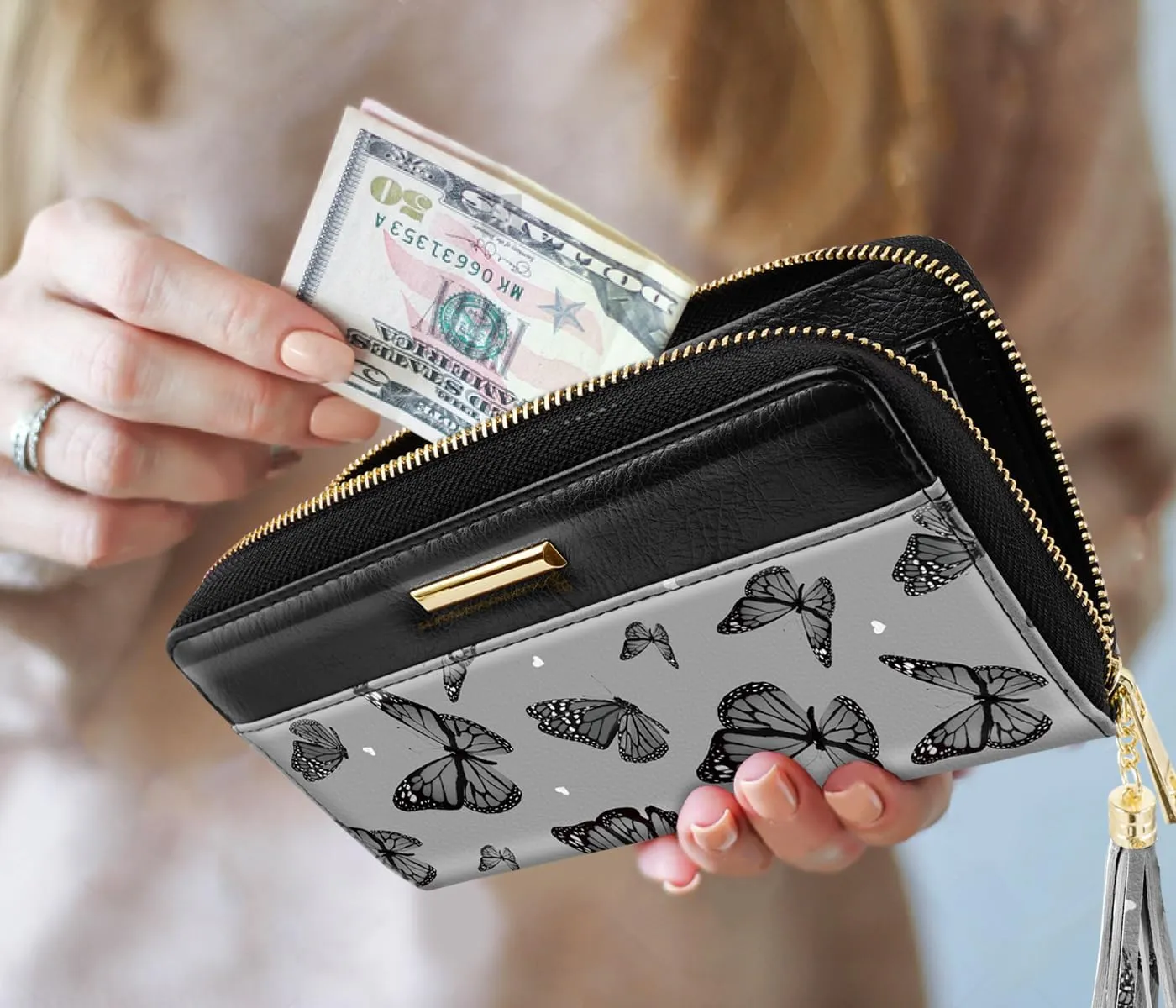 Wallets for Women PU Leather Card Holder Organizer Ladies Clutch with Tassel Wristlet Wrist strap