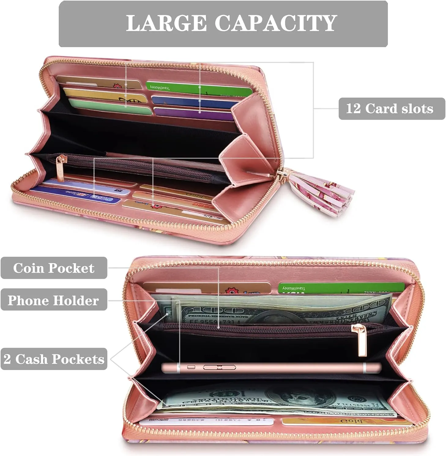 Wallets for Women PU Leather Card Holder Organizer Ladies Clutch with Tassel Wristlet Wrist strap