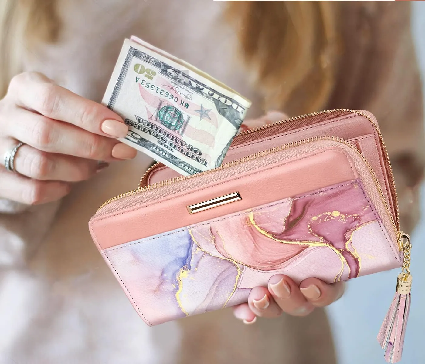 Wallets for Women PU Leather Card Holder Organizer Ladies Clutch with Tassel Wristlet Wrist strap