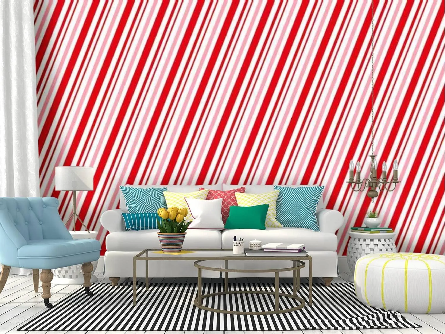 Wallpaper Canvas Print Candy Cane Christmas Peppermint Diagonal Stripes Print Seamless Self Adhesive Peel & Stick Wallpaper Wall Mural Wall Decal Sticker Poster Home Craft for Living Room
