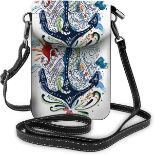 Watercolor Anchor Crossbody Cell Phone Purse Vintage Floral Doodle Ocean Retro Rope Sailor ArtWallet Handbag