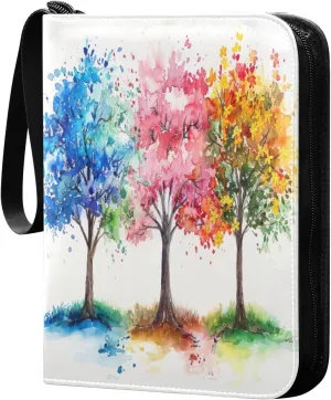 Watercolor Colorful Tree Card Binder 4-Pocket, 400 Pockets PU Waterproof Zippered Collector Card Album with 50 Removable Sleeves for Trading, Game Cards