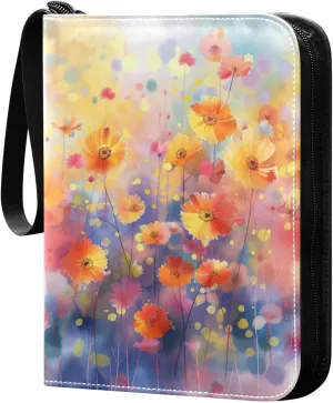 Watercolor Flowers Painting Card Binder 4-Pocket, 400 Pockets Card Holder with 50 Removable Sleeves and Zipper for Games Baseball Football Sports Card