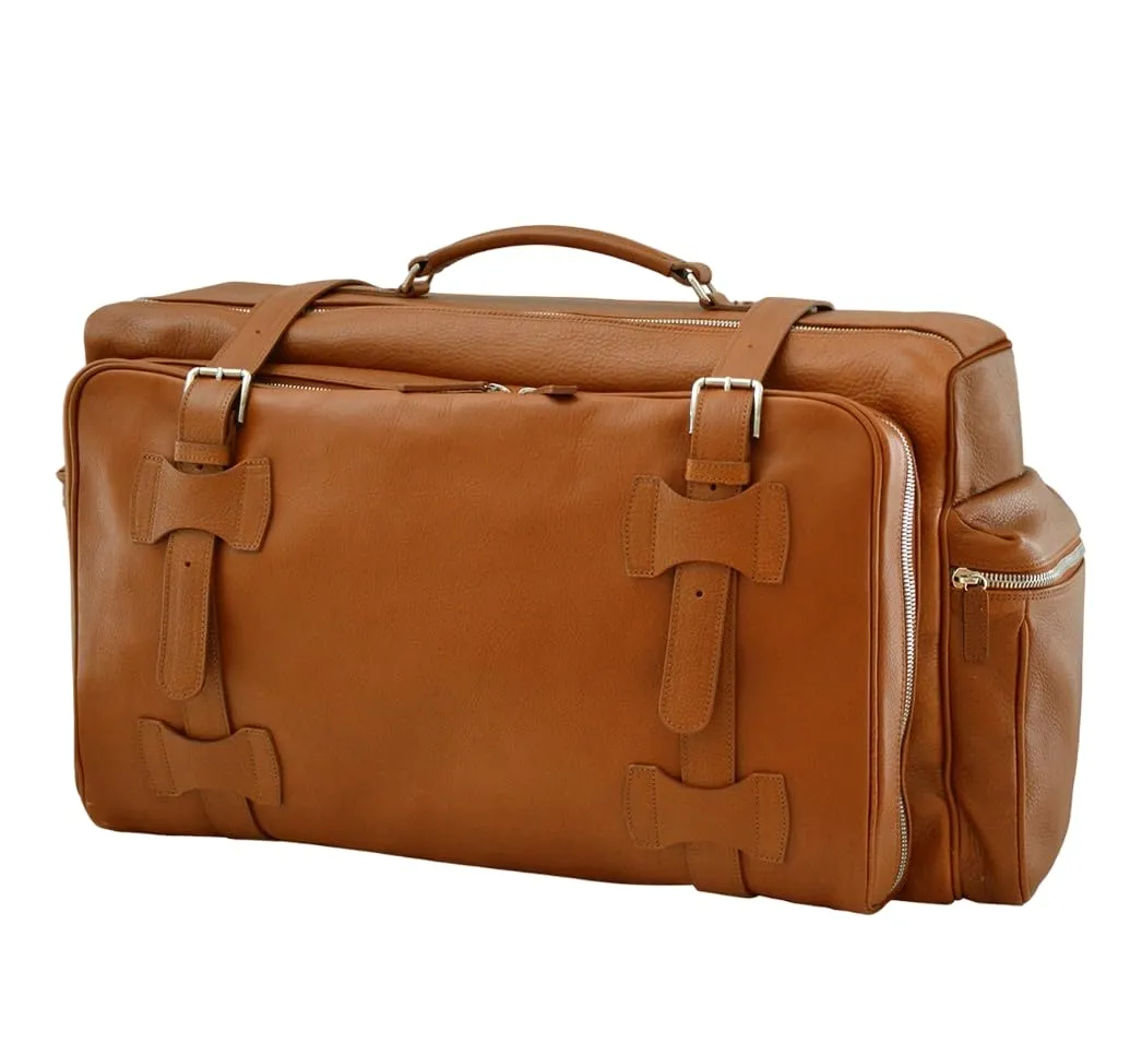 Weekender Jones Leather Duffle Bag | Handmade to Order in Italy, Soft Pebble-Grain Leather Luxury Travel Bag, Shoulder Strap Included (Amber)