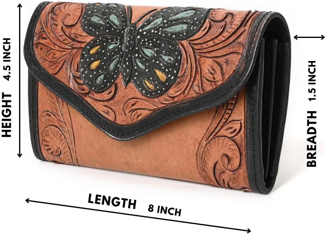 Western Colour Blast Handtooled Bifold Wallet Genuine Cowhide Hand Carved and Tooled Leather Butterfly Design Wallet for Women Cowgirl With Multiple Card Slots
