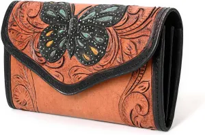 Western Colour Blast Handtooled Bifold Wallet Genuine Cowhide Hand Carved and Tooled Leather Butterfly Design Wallet for Women Cowgirl With Multiple Card Slots