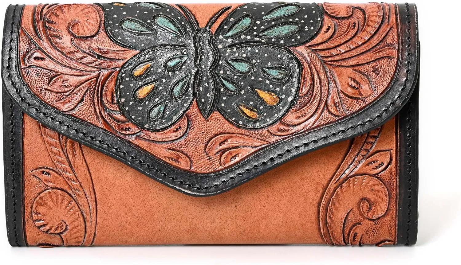 Western Colour Blast Handtooled Bifold Wallet Genuine Cowhide Hand Carved and Tooled Leather Butterfly Design Wallet for Women Cowgirl With Multiple Card Slots