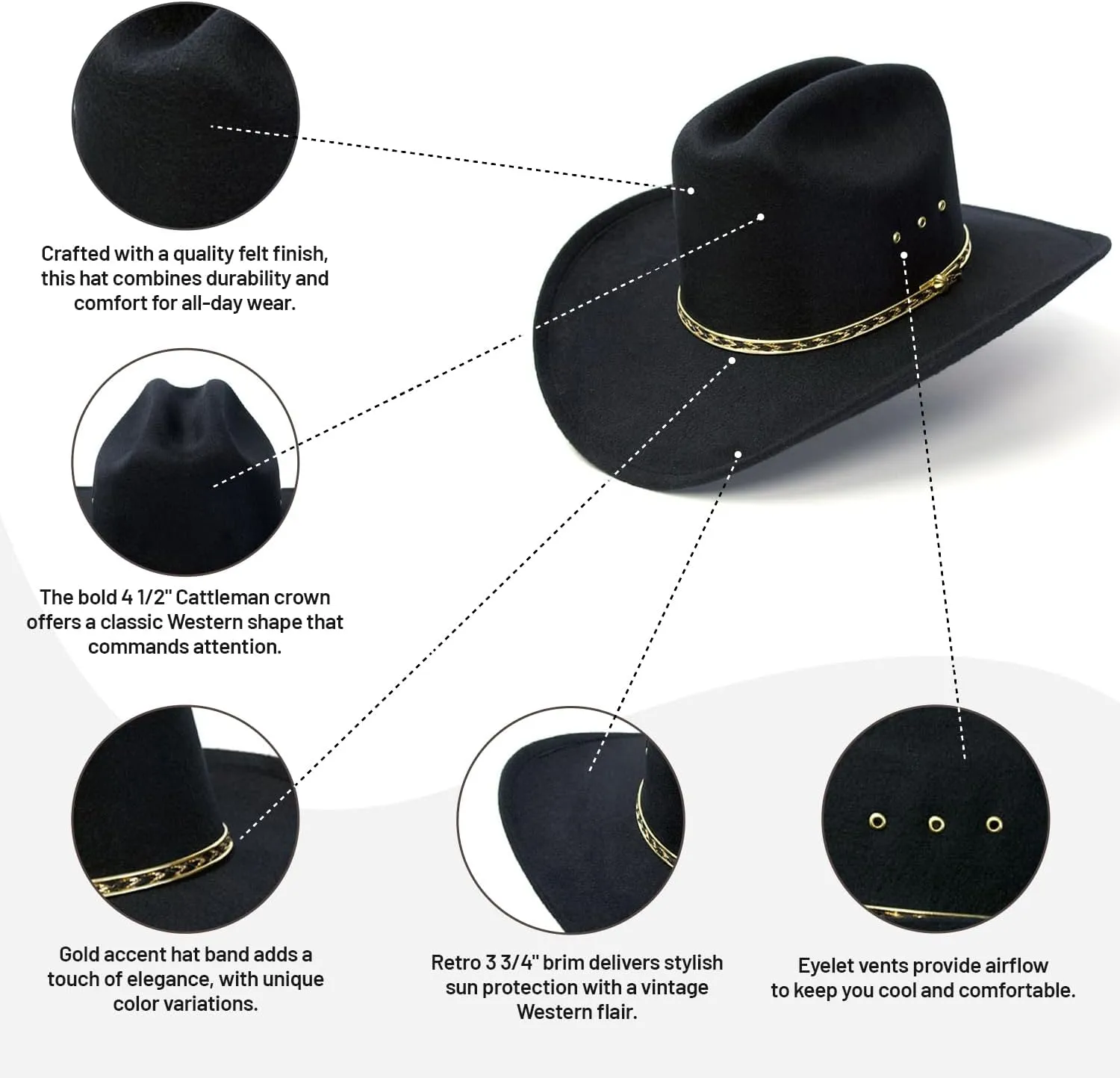 Western Express Felt Finish Cowboy Hat - Cattleman Style with Gold Hat Band | Cowboy & Cowgirl Hats for Men and Women