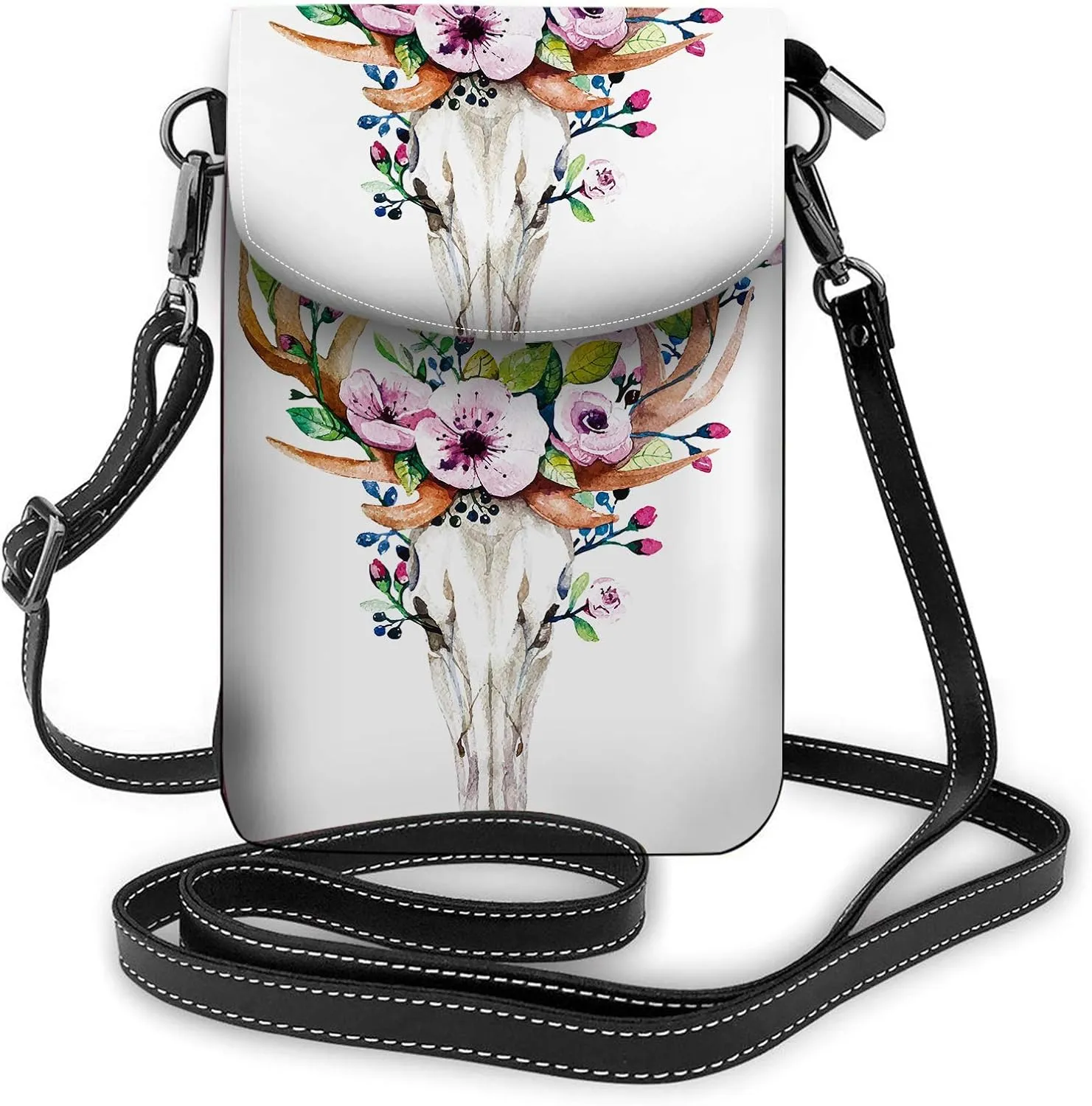 Western Mystical Deer Skull Crossbody Cell Phone Purse Rose Flowers Bohemian Vintage Animal Floral DeathWallet Handbag