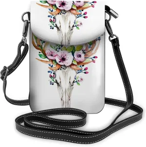 Western Mystical Deer Skull Crossbody Cell Phone Purse Rose Flowers Bohemian Vintage Animal Floral DeathWallet Handbag