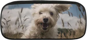 White Dog in The Field Large Pencil Bag Waterproof Cute Pen Case Travel Cosmetic Leather Makeup Bag Organizer Pen Holder for Men Women