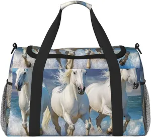 White Horses Travel Duffel Bag Tote Bag Sports Gym Bag For Women And Men