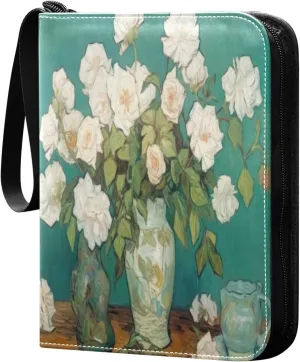 White Rose Painting Card Binder with Double Sided PU Leather Holder Albums Book with 400 Pockets for Collectible Trading Card Games Card