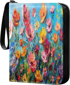 Wildflowers Painting Card Binder 4-Pocket, 400 Pockets PU Waterproof Zippered Collector Card Album with 50 Removable Sleeves for Trading, Game Cards