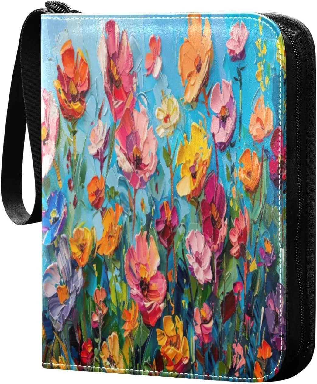 Wildflowers Painting Card Binder 4-Pocket, 400 Pockets PU Waterproof Zippered Collector Card Album with 50 Removable Sleeves for Trading, Game Cards