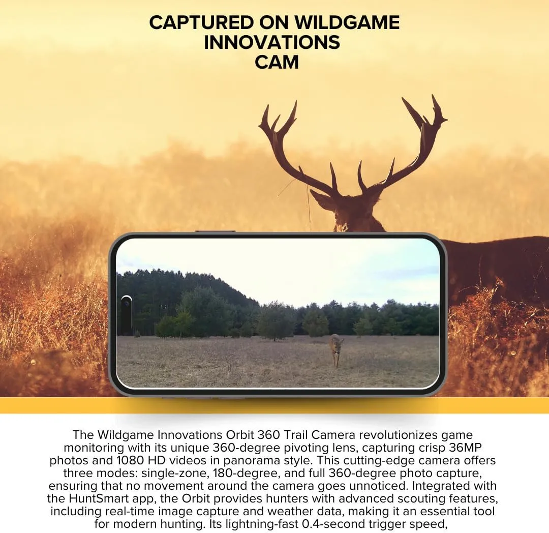 Wildgame Innovations Orbit 360-Degree Trail Camera with 36MP Image Quality and 1080p Video Bundle with 5400mAh Battery Pack, 3000mAh Battery Pack, 32GB Memory Card, and Card Reader (5 Items)