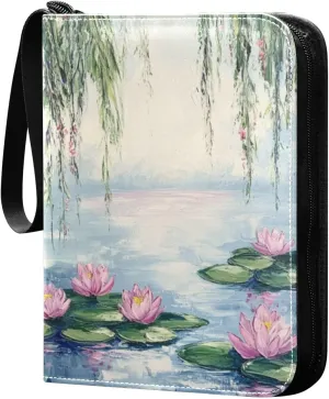 Willow Waterlily Painting Blue 4 Pockets Trading Card Album Folder for Cards PU Cover Zip Card Binder with 400 Side Loading Pockets Premium Card Book for Game Sports Cards Collectible Boys Girls