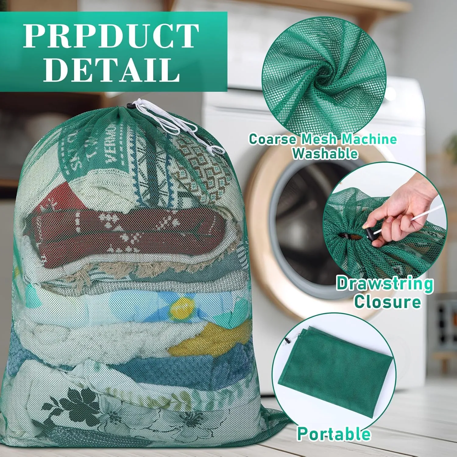 Windyun Mesh Laundry Bag, 9 Pcs 30" x 40" Heavy Duty Large Mesh Laundry Bags Drawstring Lockable Laundry Hamper Liner Machine Washable Bag for Travel Dorm Home College Storage Apartment(Green)