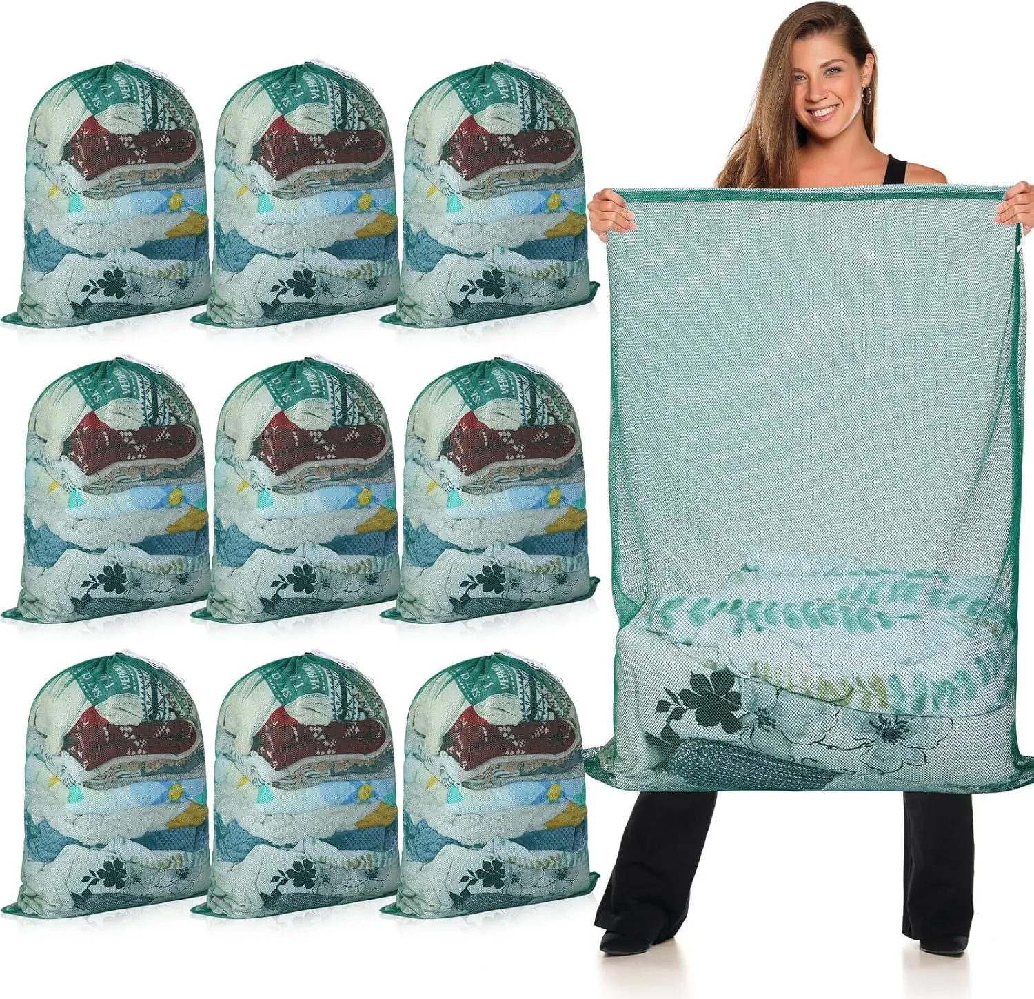 Windyun Mesh Laundry Bag, 9 Pcs 30" x 40" Heavy Duty Large Mesh Laundry Bags Drawstring Lockable Laundry Hamper Liner Machine Washable Bag for Travel Dorm Home College Storage Apartment(Green)