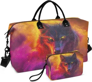 Wolf Flame Purple Red Travel Duffel Bag with Toiletry Bag Weekender Bag for Carry on Sports Gym Bag for Yoga Sports Gym