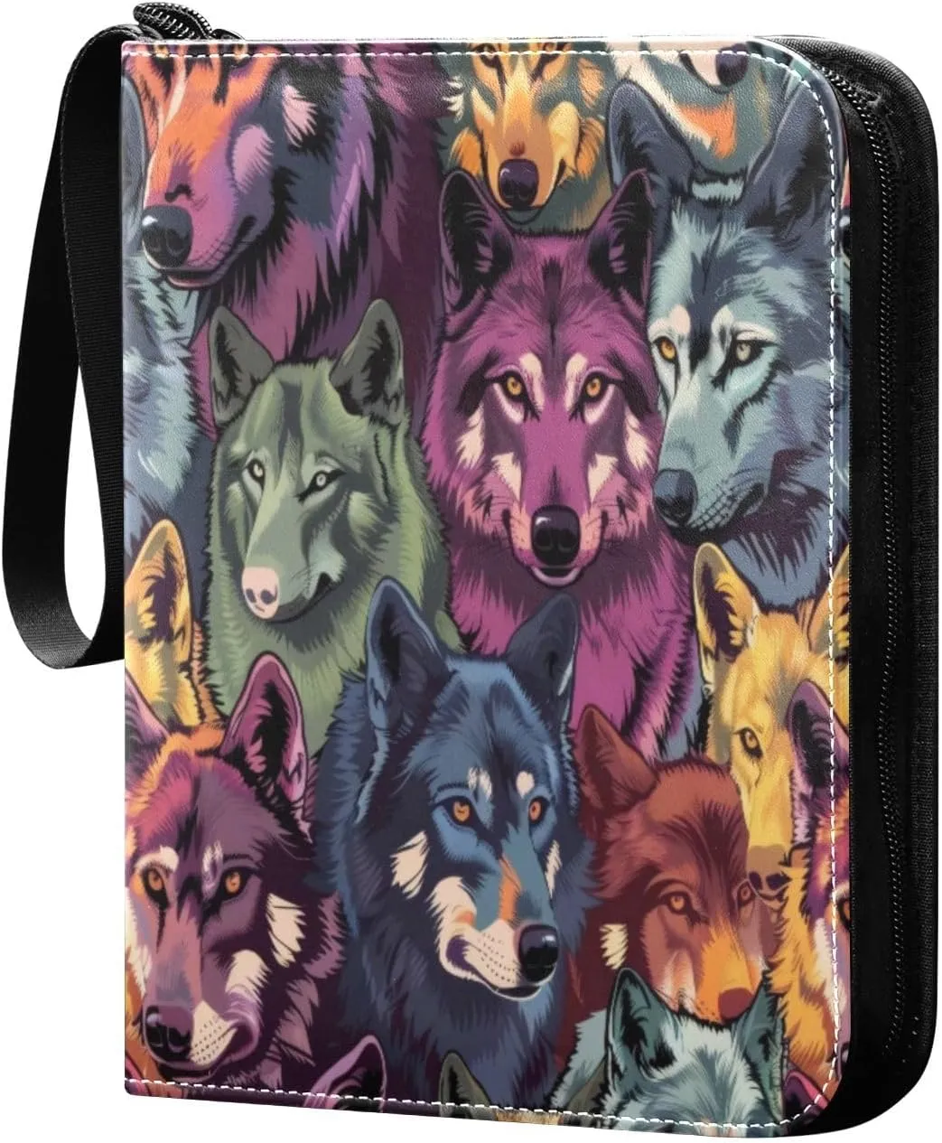 Wolves Colorful Card Binder 4-Pocket, 400 Pockets PU Waterproof Zippered Collector Card Album with 50 Removable Sleeves for Trading, Game Cards