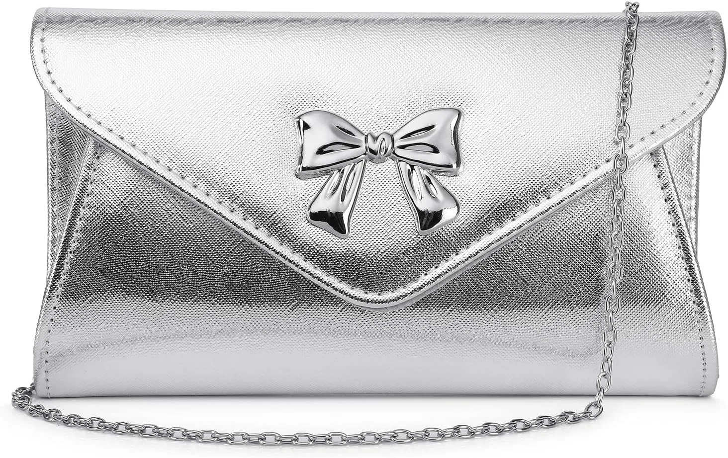 Women Bow Evening Clutch Purse Elegant PU Leather Shiny Party Bag with Detachable Chain Wedding Prom Handbag