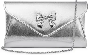 Women Bow Evening Clutch Purse Elegant PU Leather Shiny Party Bag with Detachable Chain Wedding Prom Handbag