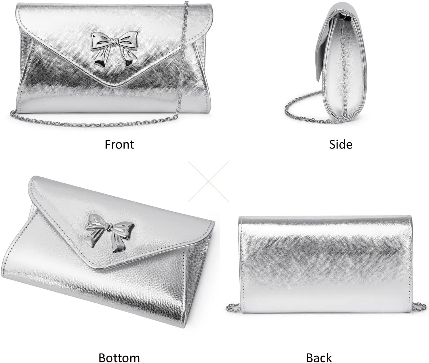 Women Bow Evening Clutch Purse Elegant PU Leather Shiny Party Bag with Detachable Chain Wedding Prom Handbag