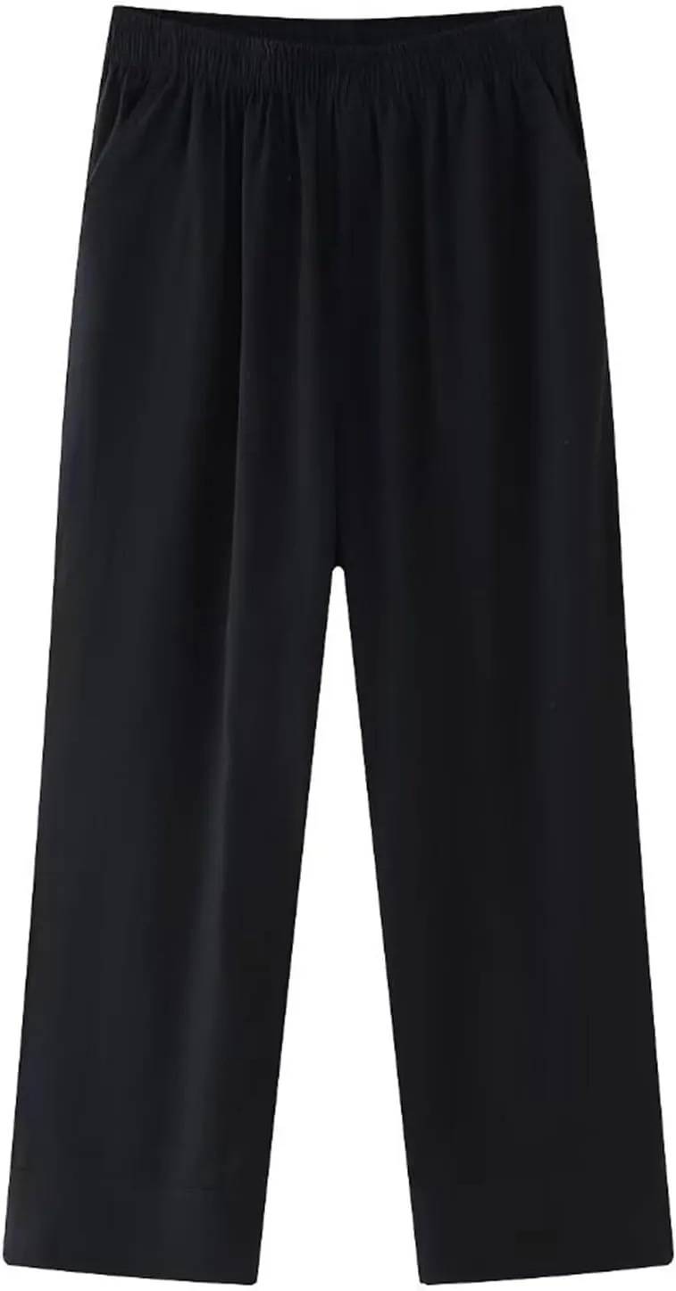 Women Pants Straight Leg Pants for Women Trendy 2024 Elastic Waist Pleated Pants Daily Wear Baggy Loose Ankle Pants
