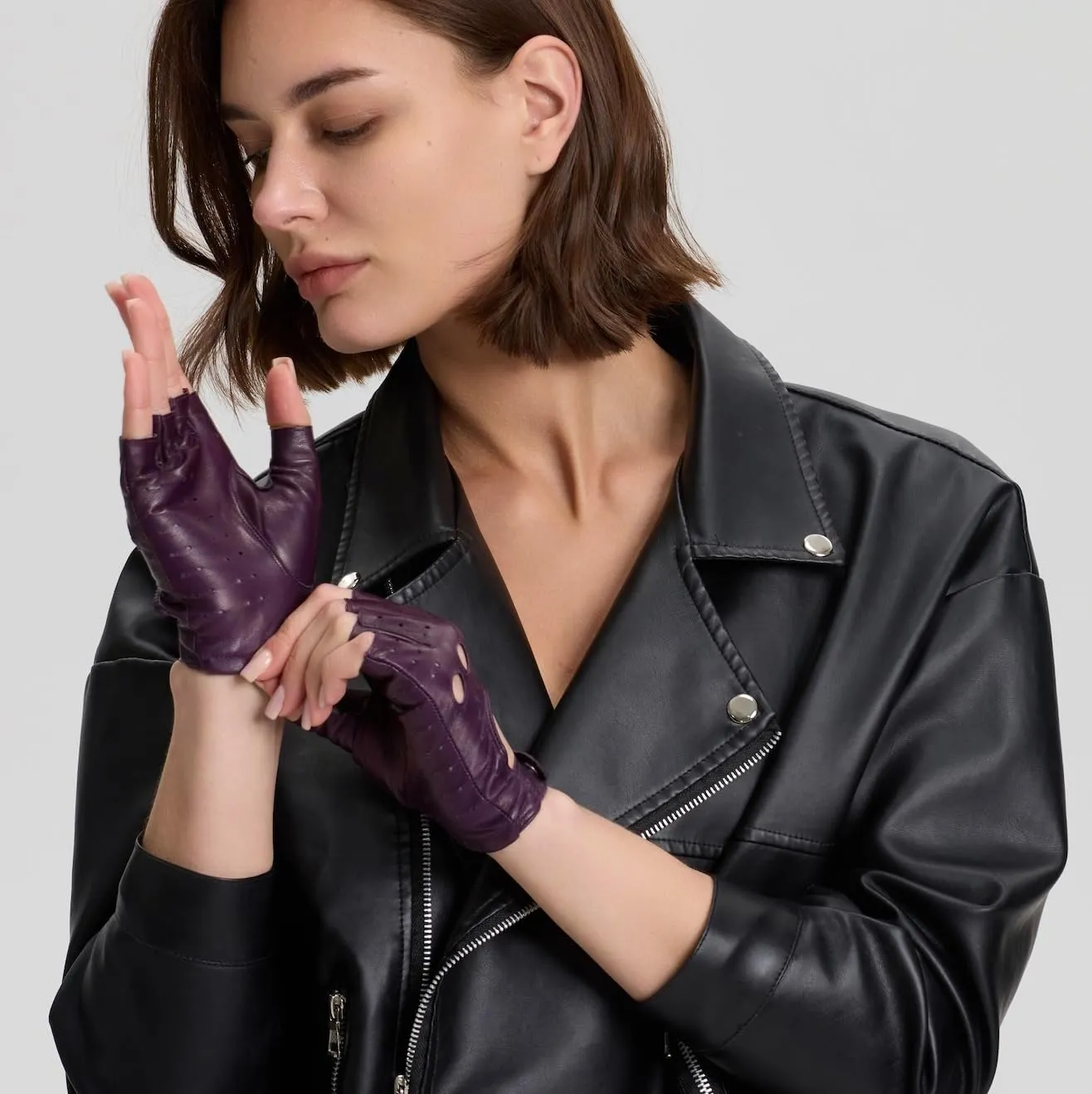 Women's Fingerless Leather Gloves - Unlined Lambskin Leather Driving Gloves