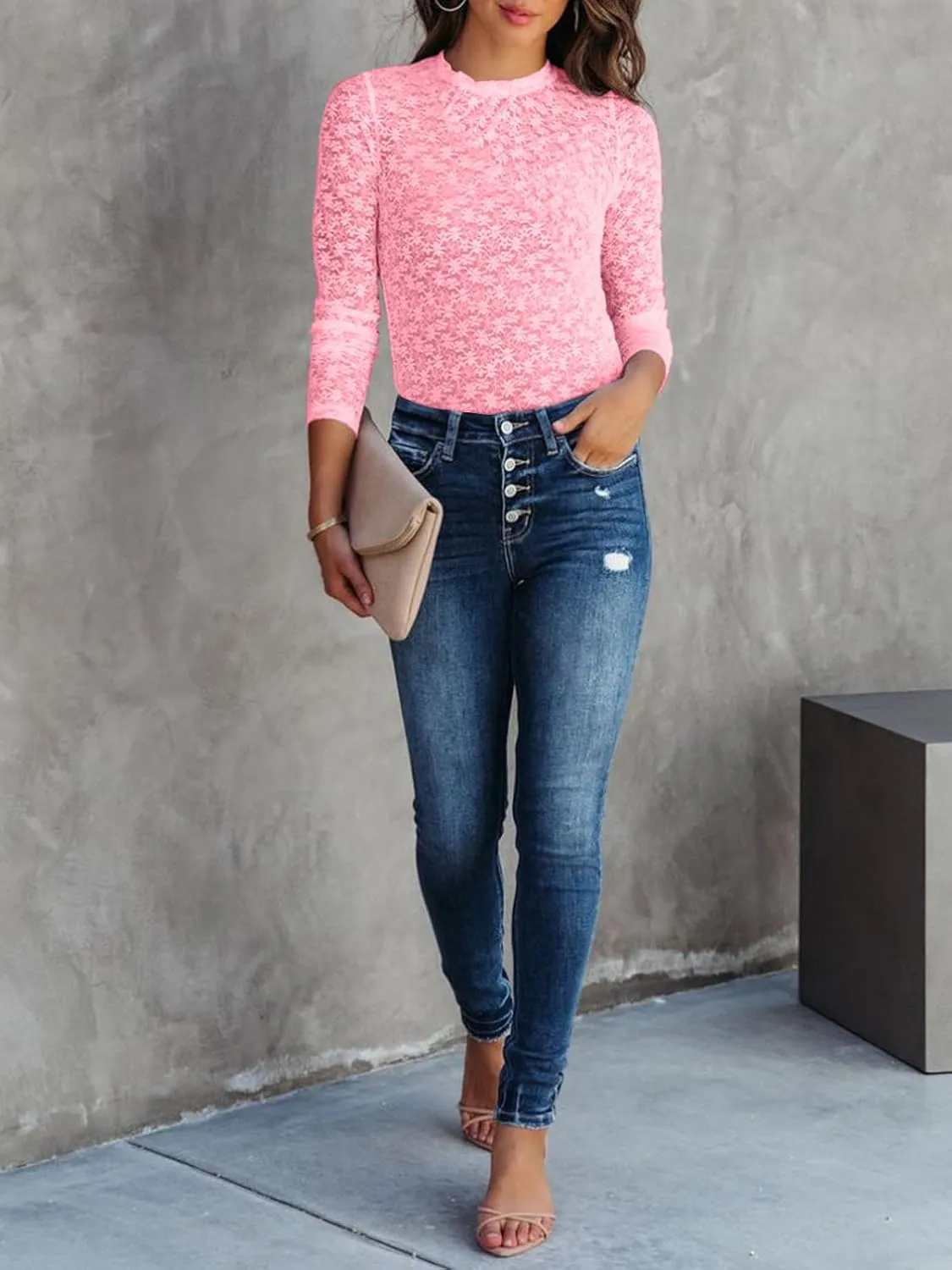 Women's Lace Long Sleeve Mesh Top Mock Neck Sheer Blouse See Through Floral Crochet Tops