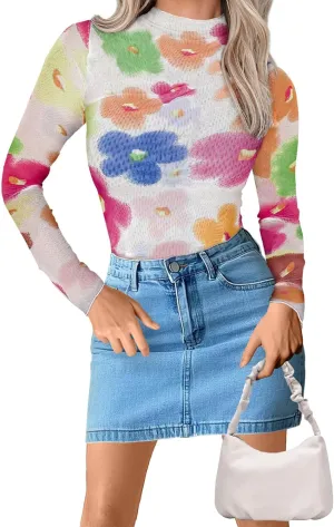 Womens Lace Top Long Sleeve Mesh Tops for Women Mock Neck Floral Sheer See Through Shirts for Party Club Casual S-XL