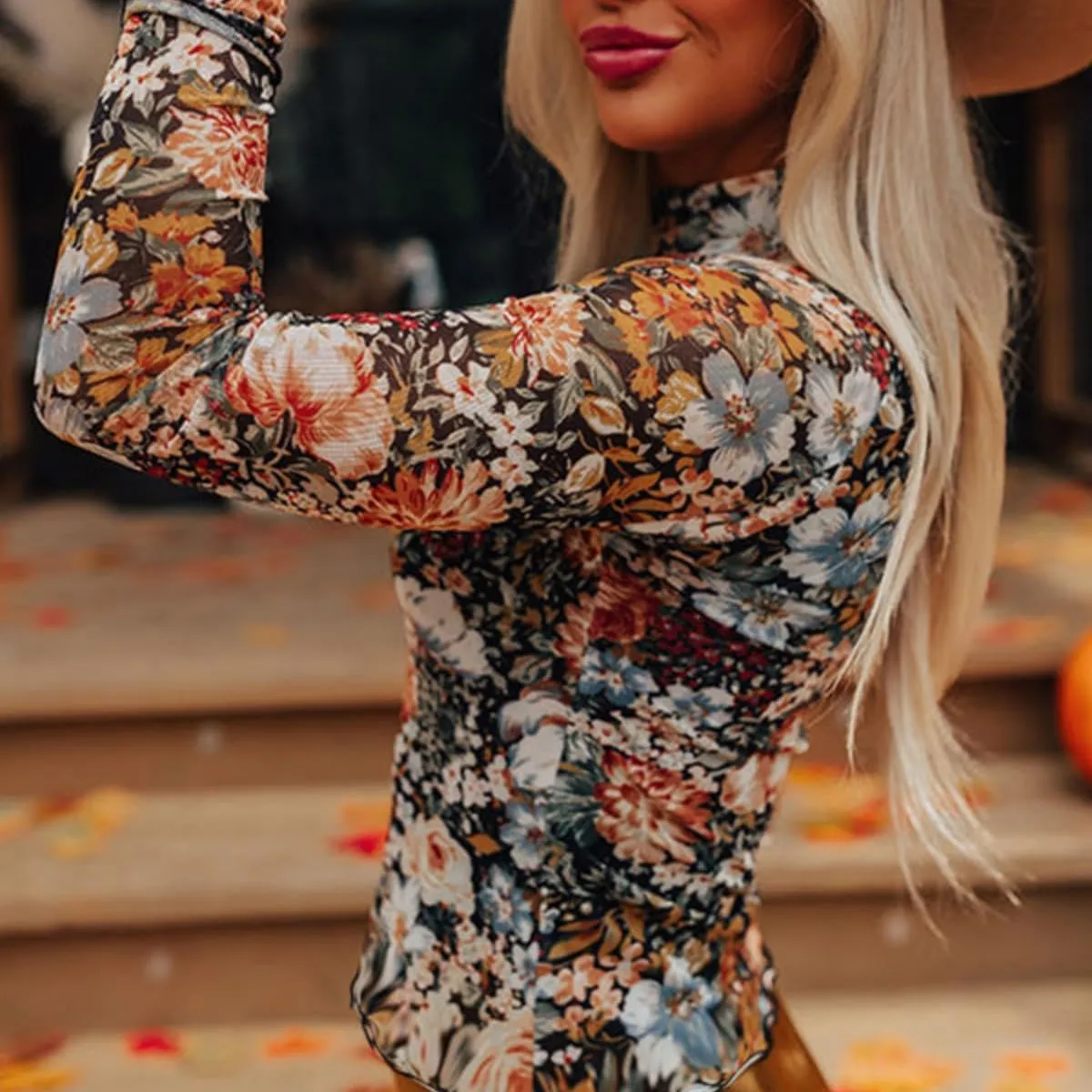 Womens Lace Top Long Sleeve Mesh Tops for Women Mock Neck Floral Sheer See Through Shirts for Party Club Casual