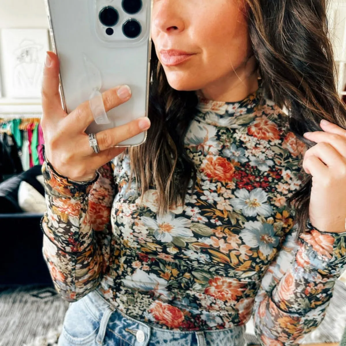 Womens Lace Top Long Sleeve Mesh Tops for Women Mock Neck Floral Sheer See Through Shirts for Party Club Casual