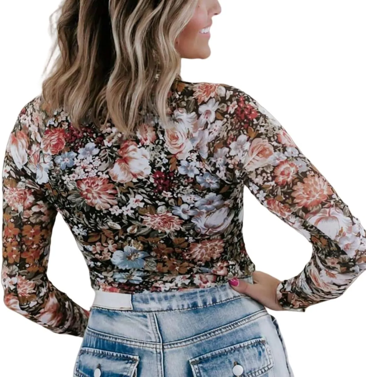 Womens Lace Top Long Sleeve Mesh Tops for Women Mock Neck Floral Sheer See Through Shirts for Party Club Casual