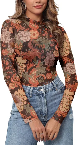 Womens Mesh Floral Long Sleeve Tops Lace Undershirt Mock Neck Going Out Sheer Blouses 2025 Trendy