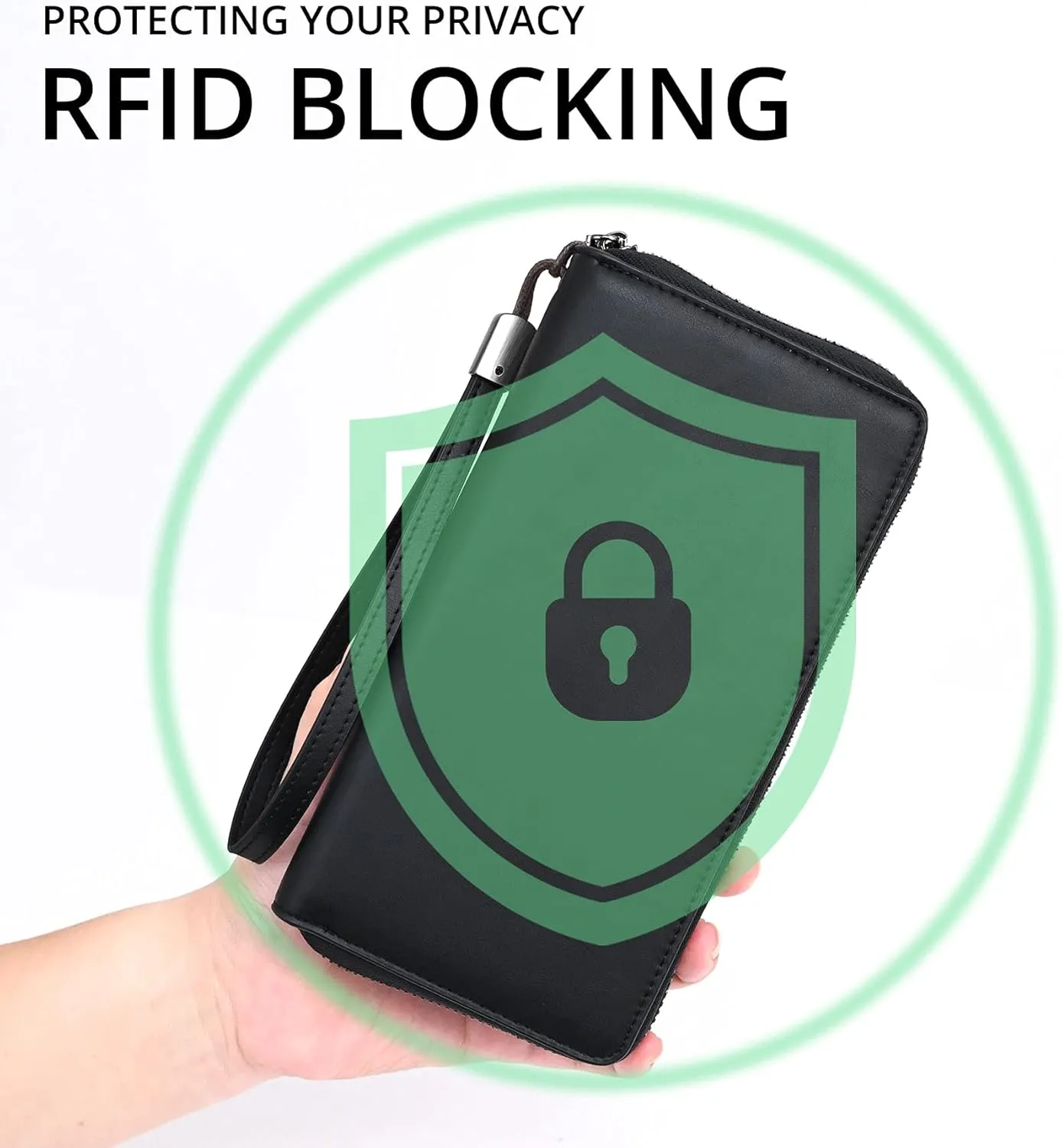 Women's RFID Blocking Leather Zip Around Wallet Large Phone Holder Clutch Travel Purse Wristlet (Black)