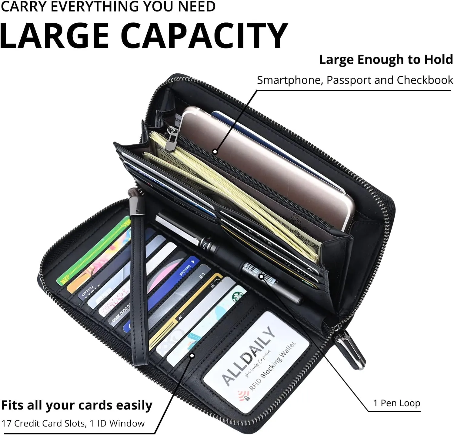 Women's RFID Blocking Leather Zip Around Wallet Large Phone Holder Clutch Travel Purse Wristlet (Black)