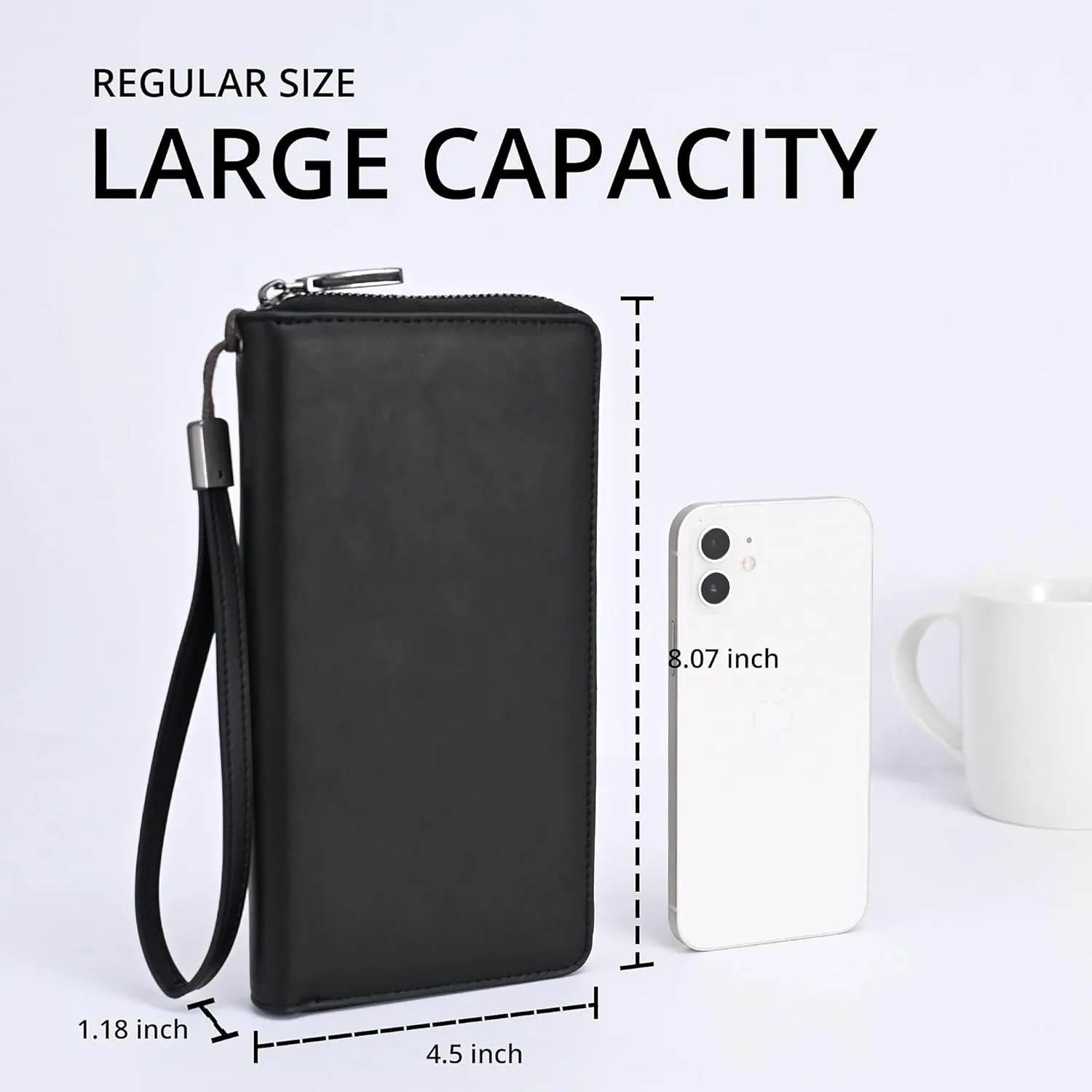 Women's RFID Blocking Leather Zip Around Wallet Large Phone Holder Clutch Travel Purse Wristlet (Black)