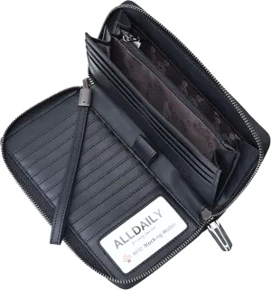 Women's RFID Blocking Leather Zip Around Wallet Large Phone Holder Clutch Travel Purse Wristlet (Black)