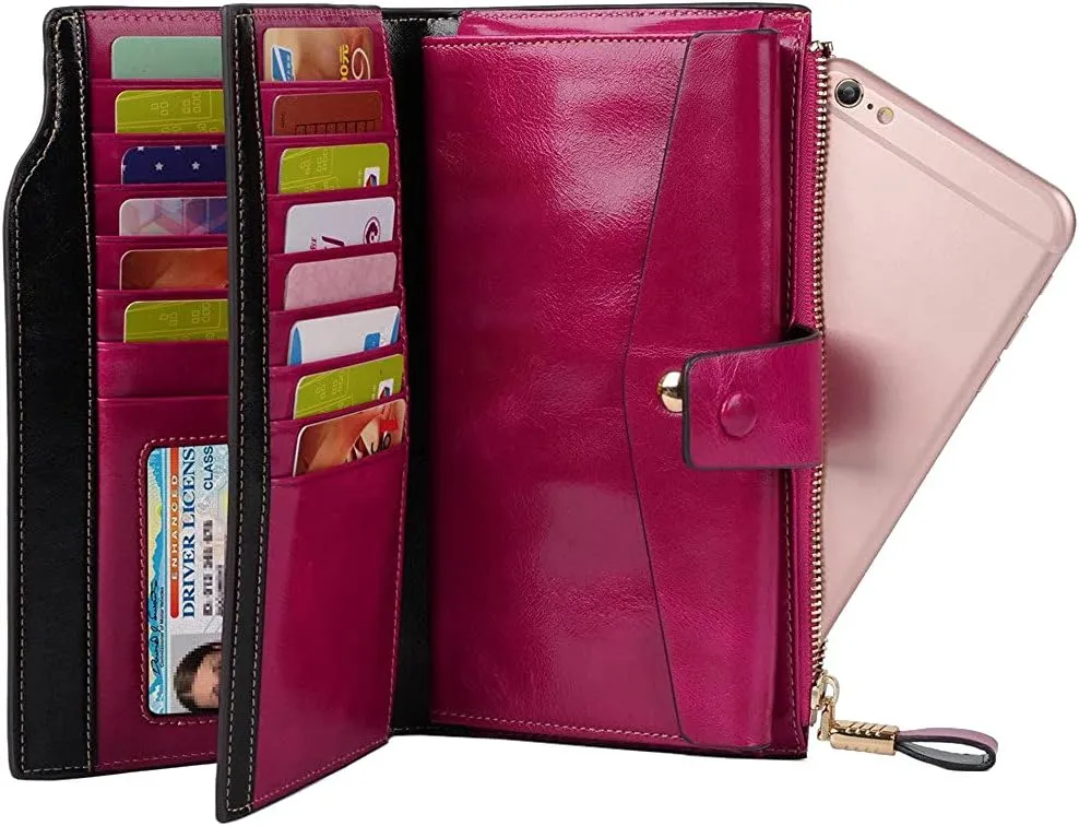 Women's RFID Blocking Wallet, Large Capacity Leather Bifold, 21 Card Slots, Snap Closure, Fits Phone, Card Holder